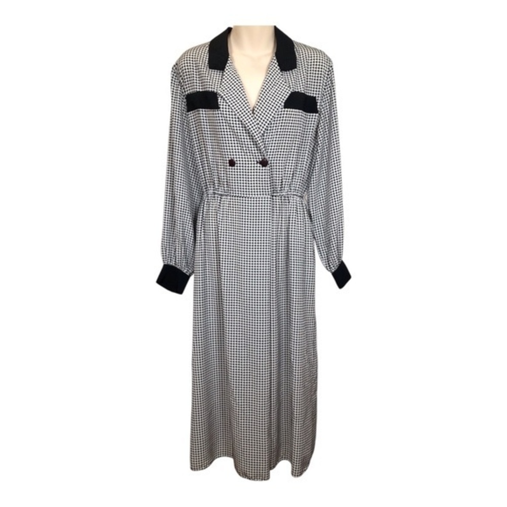Vintage Rowie 8 Black White Houndstooth Midi Dress Double Breasted Long Sleeve